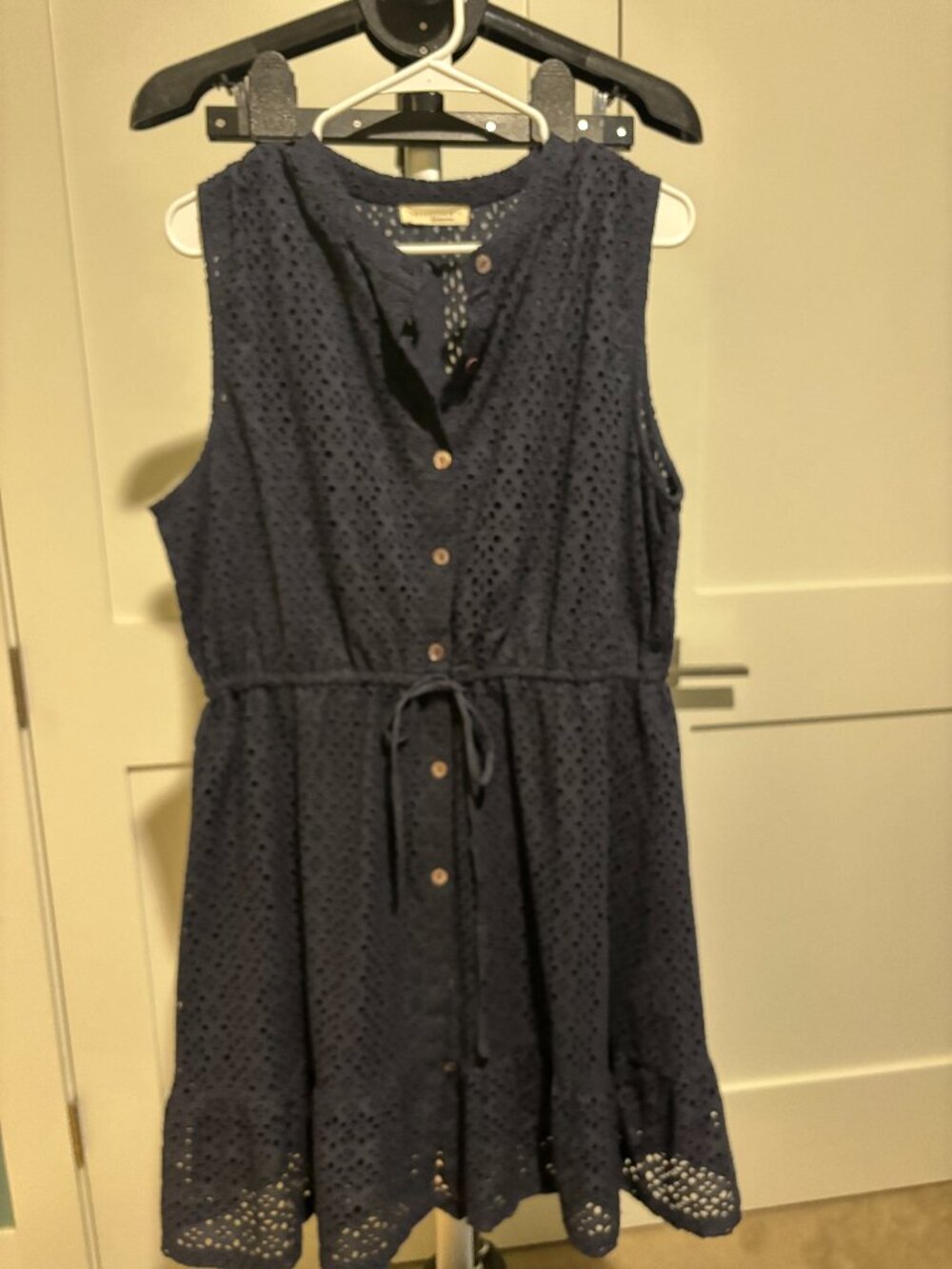 Navy Blue Eyelet Lace Sleeveless Button-Down Dress 100% Cotton
